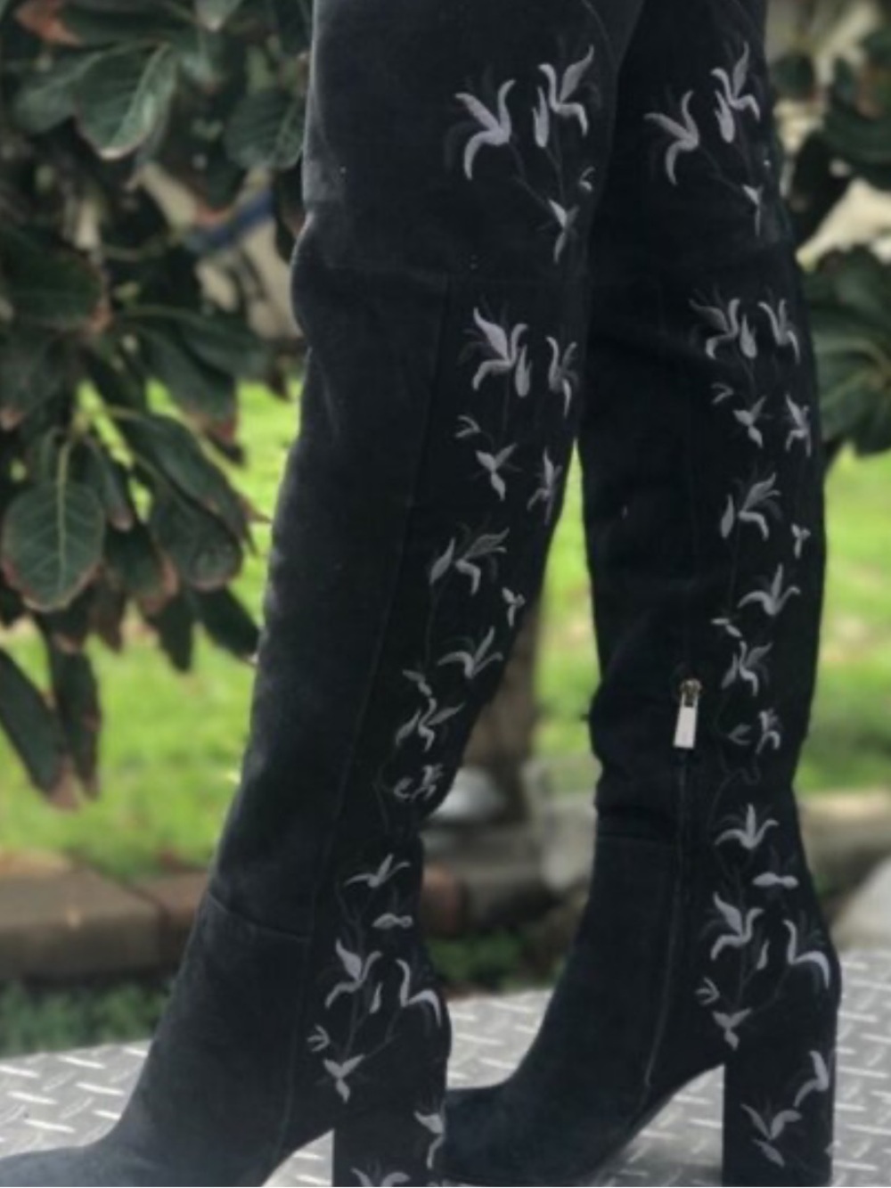 Kenneth Cole Claire Black Suede Embroidered Heel Boots size 6.5 Over the Knee